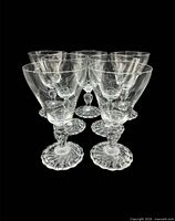 Seven Fostoria Colonial Dame water goblets group view