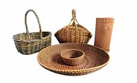 Group shot of rattan chip and dip platter, terracotta wine chiller, rectangular wicker basket, lidded wicker basket