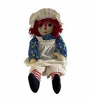 Front view of full 30" Raggedy Ann cloth doll showing clothing and overall condition