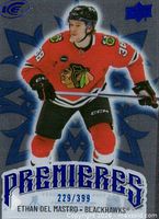 Front of Ethan Del Mastro Upper Deck Ice Premieres Blue card showing player image, card number 229/399.