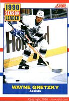 Score Season Leader card showing Gretzky skating, assists text