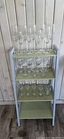 Front view of shelving with all stemware pieces displayed
