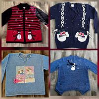 Front view of the four sweaters and cardigans arranged together
