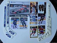 Overview showing two Toronto Marlies mini blades, Justin Wilson signed photo, six signed hockey photo/cards, large white paddle-style signed blade