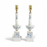 Front view of matching ceramic table lamps showing blue floral design, square bases, brass sockets, white cords