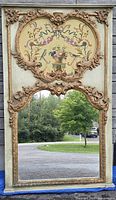 Full view of trumeau mirror showing painted upper panel and lower glass