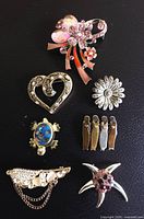 All seven brooches arranged on black background