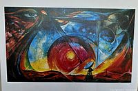 Colorful surreal abstract lithograph with satellite dish and cosmic imagery