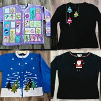 Composite showing all four Christmas sweaters laid out