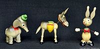 Front view of donkey, elephant and bunny figurines