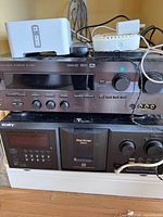 Overall view of Yamaha receiver, Sony CD changer, Sonos device on top