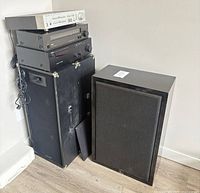 Speakers and stacked audio components overall view