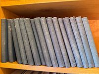 Row of uniform blue cloth George Eliot volumes on shelf