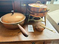 Entire lot: sauté pan, chafing pot on stand, burner cup