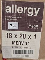 AirX Allergy filter box label showing size and MERV rating