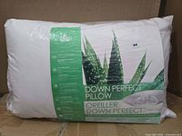 Front view of pillow in plastic showing Down Perfect label