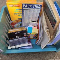 Overview of basket showing photo paper, DVD-R box, blank media spindle, sticky notes, checklist pad, hooks, folders and papers