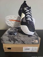 Shoes on original box with accessory bag visible