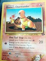 Front view of Blaine's Charmander card showing artwork, HP, attacks and set number