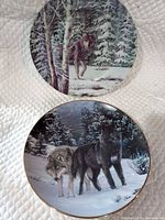 Front view of two wolf-themed collector plates