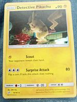 Front of Detective Pikachu card showing artwork, stats and set number