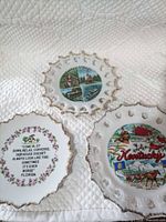All three souvenir plates arranged on quilt showing overall condition and designs