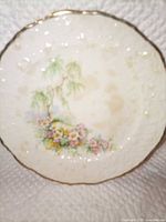 Full view of porcelain plate showing floral design and gold rim