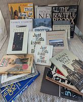 Overview shot of all sixteen New York-themed books arranged on surface