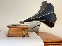 Full left-side profile showing complete gramophone on wood surface
