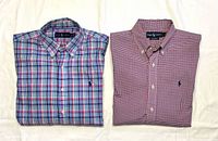 Both folded shirts side by side showing patterns and logos