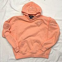 Front view of light orange Blue Jays hoodie showing embroidery, pocket and overall condition