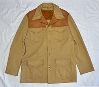 Full front view showing overall design, color, pockets and faux leather yoke