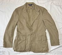 Full front view of khaki blazer laid flat showing overall style and condition