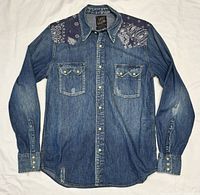Full front view of denim western shirt with paisley yoke