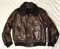 Front view of brown leather bomber jacket showing overall design and condition