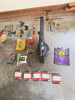 Overview of all tools, sandpaper, blower, studsensor