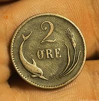 Reverse showing 2 Øre, dolphin, wheat, rim beads