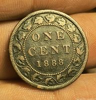 Reverse of 1888 Canadian large cent showing ONE CENT 1888 and maple leaf wreath