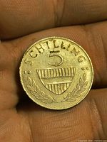 Reverse of 5 Schilling coin with denomination, shield, laurel, date 1969