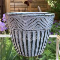 Oblique exterior view showing chevron pattern and drip glaze finish