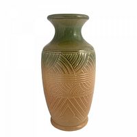 Full front view of ochre and green Robinson Ransbottom vase