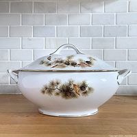 Side view of tureen showing pattern, handles and gold trim