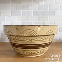 Exterior view showing brown stripes, raised pattern, and rim wear