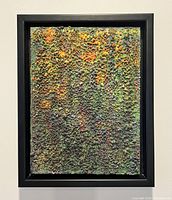 Full view of signed encaustic wax painting in black floating frame