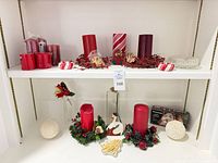Entire lot on two shelves with candles, wreath rings, ornaments, vase, woven balls, boxed candle holder
