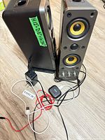 Front view showing both Creative speakers, power adapter, Bluetooth receiver and cables
