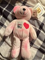 Pink plush teddy bear with ear tag and chest applique