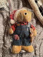 Front view of bear in packaging showing denim overalls, plaid shirt, Santa hat