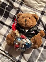 Front view of brown plush teddy bear wearing faux leather jacket holding bag of foil-wrapped candies