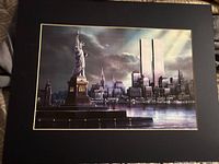 Full view of matted print showing Statue of Liberty and Twin Towers